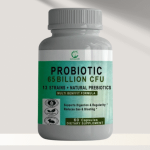 Probiotiques  65 milliards  CFU + 13 souches & naturels prébiotiques,  60 capsules